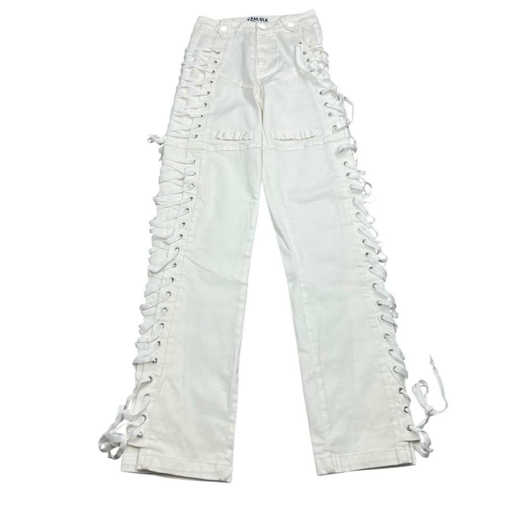 White Lace-Up Side Detail Wide Leg Pants